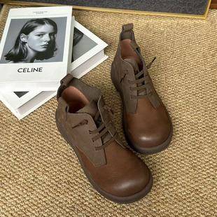 First-Layer Cowhide Boots for Women in Autum, New Retro Casual Leather Short Boots, One-Leg Cotton and Linen Linen Boots