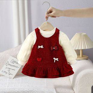 Children's Clothing Autumn and Winter Dress Set for Baby Girls, Sweet Vest Dress with Fleece-Lined Base Shirt, 2 Sets of Girls' Skirts 5226