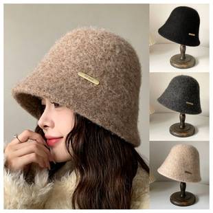 Korean-Style Blended Fisherman's Hat, Light Luxury Style Hat for Women, Autumn and Winter Bucket Hat, Versatile Windproof, Warm, Ear-Protecting Bucket Hat