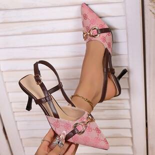 Cross-border metal chain pointed-toe high-heeled sandals for women, new summer style, thin heel, printed European and American style closed-toe sandals for women, foreign trade