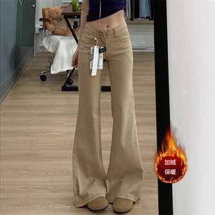 Khaki Fleece-Lined Flared Jeans for Women, Fall/Winter 2025 New American Style Low-Waist Petite Non-Tight Flared Pants