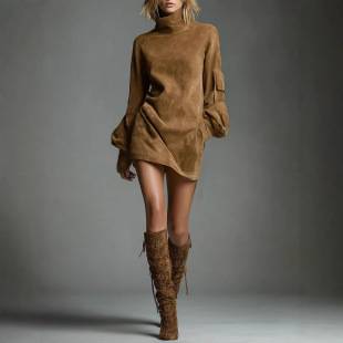 2026 European and American Cross-Border High-End Women's Clothing Retro Lapel Faux Suede Short Dress Autumn and Winter New Long-Sleeved Short Dress