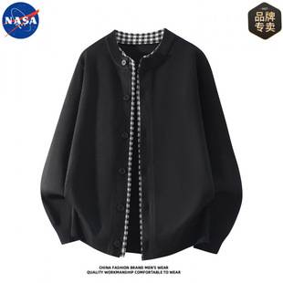 NASA brand high-quality faux two-piece knitted cardigan sweater for men, autumn casual old money style top jacket, trendy