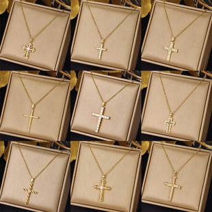European and American style golden diamond cross necklace light luxury niche design pendant net red clavicle chain jewelry wholesale