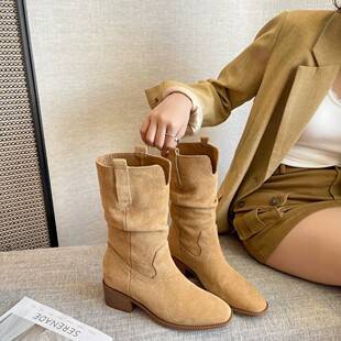 First-layer cowhide ~ 8cm height-increasing V-cut chunky heel short boots for women, new autumn and winter style, wide shaft, thick-soled short stacked boots