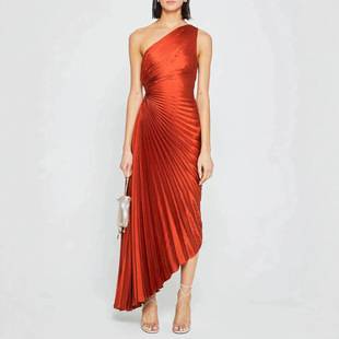 In-Stock Foreign Trade 2026 New Summer European and American Cross-Border Satin Pleated Fashion Party Dress One-Shoulder Dress for Women