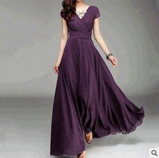 Aliexpress Amazon European and American V-Neck Short-Sleeved Bohemian Chiffon Waist-Cinching Slimming Belly-Covering Dress Gown