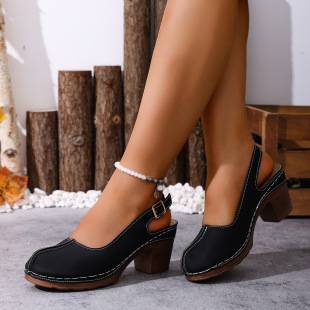 Foreign Trade Large Size New High-Heeled Sandals for Women with Buckle Design Thick Heel Comfortable Retro Beach Seaside Vacation Outer Shoes
