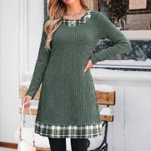 2026 Cross-Border Exclusive Supply of European and American Style Long-Sleeved Dresses, Plaid Patchwork Round Neck A-Line Short Skirt, Autumn and Winter Casual Women's Clothing