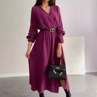 2025 Autumn/Winter European and American Foreign Trade New Women's Clothing Amazon Cross-Border Long-Sleeve Solid Color Long Dress Solid Color Waist-Cinching Dress