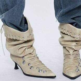 In Stock~Sheepskin~Rubbed Color Metal Lace-Up Short Boots for Women, Pointed Toe, Punk Style, Thin Heel, Mid-Calf Leather Boots, Slouchy Boots