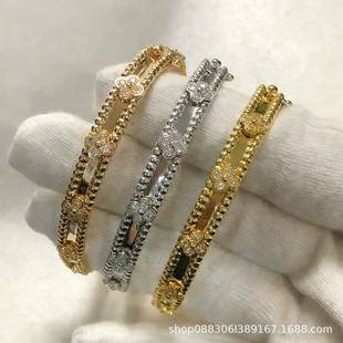 High-End Version of the Finely Crafted Kaleidoscope Four-Leaf Clover Bracelet for Women, Wide and Narrow Versions, Thickly Plated with 18K Rose Gold and Fully Encrusted with Diamonds