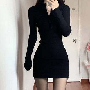 Winter Black Hot Girl Knit Short Skirt Bodycon Spring Dress Long Sleeve Stepmother Style Base Dress Pure Desire Style Dress
