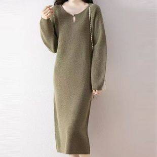 Solid Color Dress Spring, Autumn and Winter New Style Women's Round Neck Elegant Mid-Length Loose Slimming Look Knitwear Western Style Bottoming Skirt