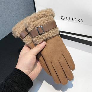 Women's Winter Velvet Thickeneded Warm Gloves for Outdoor Cycling, Driving and Skiing, Cold Protection, Touch Screen Lamb Plush Cross-Border