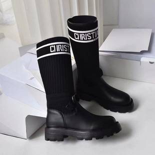 D brand embroidered letter knit elastic ankle boots for women, 2026 new style, chunky heel, black and white color block, high-top, slimming, and with a ruffled design