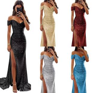 Cross-Border 2025 European and American Amazon New Party Sexy Sequin One-Line Collar Large Hem Evening Dress for Women
