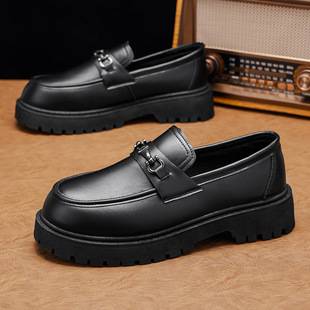 Cross-Border Large Size Thick-Soled Height-Increasing Men's Leather Shoes, Patent Leather Glossy Casual Chunky Heel Loafers, Hairstylist Trendy Shoes