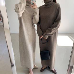 Hong Kong Style Cashmere Autumn and Winter dress Women's Long Knee-length Sweater Dress Loose High Neck Base Knitted Thickened Long Skirt