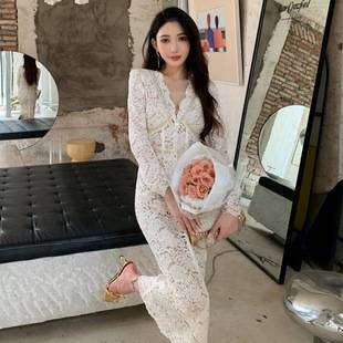 Autumn New Women's French Niche Sexy V Neck Long-Sleeved Dress High-End Lace Long Skirt Evening Dress