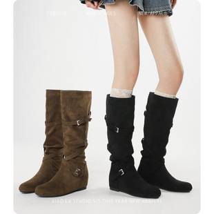 Plus-Size Women's Long Boots for Autumn and Winter, High-Tube Slouch Boots, Knee-High Riding Boots, Thick-Leg Long Boots with Internal Height Increase, Large-Size Boots