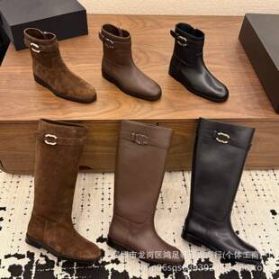 26B New Classic Gold Double C Long Knight Boots in Chanel Style, Versatile Chunky Heel Elegant Women's Boots