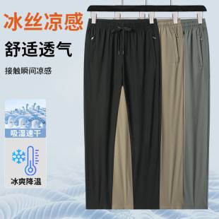 Summer lightweight high-end drapey ice silk pants for men, cuffed quick-dry pants, loose fit, large size, stretchy casual long pants, new style