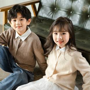 New Autumn and Winter 100 Pure Wool Cardigan, Medium and Large Children's Outwear, Long-Sleeved Pure Color Knitted Sweater, Same Style for Male and Female Babies