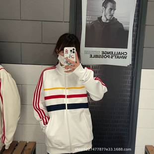 American retro three-stripe jacket for women, spring and autumn stand-up collar zip-up cardigan, color-blocked striped casual sweatshirt 3233