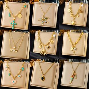 Cross-Border Vintage Gold-Plated Stainless Steel Necklace with Sun, Heart, Cross, and Small Fish Pendants, Multi-Layered Stackable Women's Clavicle Chain