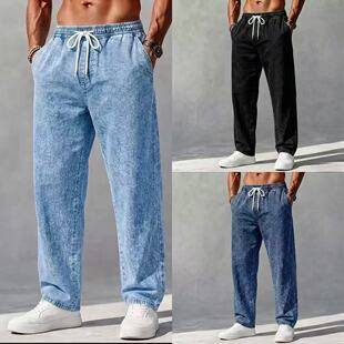European and American style men's drawstring elastic waist washed distressed jeans, loose straight wide-leg casual versatile men's pants