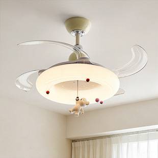 French-style cream-colored invisible fan light for bedroom, ceiling fan light with cartoon bear design, children's room ceiling fan lighting fixture