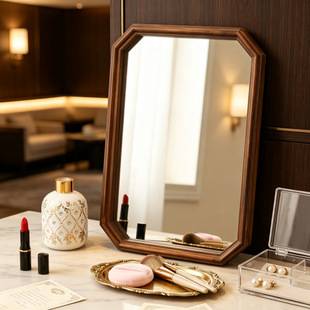 Octagonal Multi-Sided Wooden Frame Mirror Decorative Mirror for Guesthouses and Hotels, Photography Backdrop Display Mirror, Small Ornament for Guesthouse Model Rooms