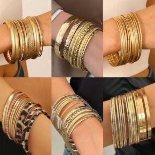 Cross-border ethnic style alloy bracelet vintage wide bracelet set women's gold smooth bracelet ten-piece set