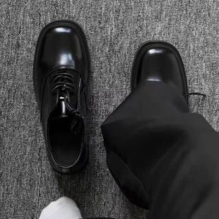 Derby Shoes for Men, Spring Season, British Style, Casual, Thick-Soled, Height-Increasing Shoes, Patent Leather, Glossy Black, Business Formal, Commuting Leather Shoes