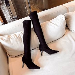 2025 Autumn and Winter New In-Stock Over-The-Knee Long Boots, Non-Slip Black Suede Slimming Pointed Toe Stiletto High Boots for Women