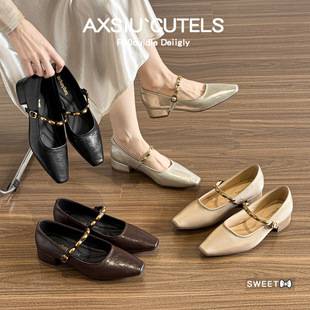 Retro Shallow-Mouth Mary Jane Women's Shoes 2025 New Summer Style Chunky High Heels Square-Toed Chanel-Style Shoes to Match with Skirts