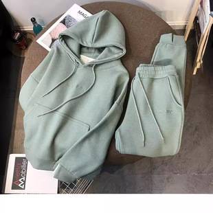 2026 Amazon Autumn and Winter Fleece-Lined Loose Hooded Sweatshirt Women's Jogger Pants Set Sports Casual Two-Piece Set for Women