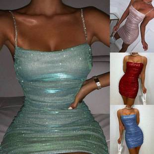 2024 European and American Amazon Aliexpress Sexy Nightclub Party Dress Rhinestone Pleated Hip-Covering Suspender Dress for Women