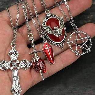 Y2K Retro Gothic Punk Style Bat Coffin Arrow Red Heart Star Pendant Necklace Set Stainless Steel Chain