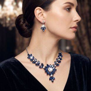 Cross-Border Floral Rhinestone Jewelry Set, Marquise Necklace and Earrings Two-Piece Set, European and American Style Dress Bridal Accessories in Stock