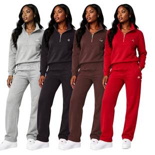 Y71658 European and American women's clothing cross-border sweatshirt autumn and winter loose jacket with stand-up collar slimming outerwear fitness sports two-piece set
