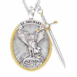 Cross-Border New Fashion Retro Oval Shield Knight Shield and Sword Men's Alloy Necklace Pendant