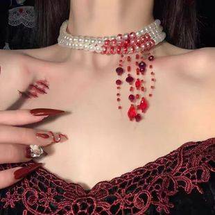 [Vampire Bride] Halloween Red Blood Drop Imitation Pearl Necklace Multi-Layer Clavicle Chain Women's Choker Necklace