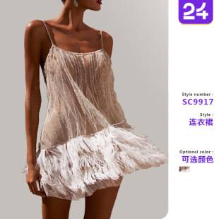 2025 Cross-Border New European and American Style Party Dress Sexy Backless Skirt Layered Tassel Mesh Sequin Suspender Skirt