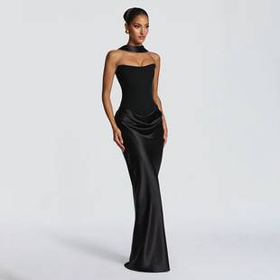Cross-Border 2026 Spring/Summer New Women's Elegant Solid Color Sleeveless Slim-Fit Dress with Ribbon Splicing and Bodycon Design