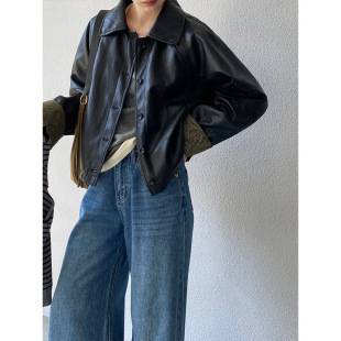 Jiangzuo Retro Lapel Patchwork Black Workwear Leather Jacket for Women Early Autumn Sweet Cool Style Loose Jacket 1667