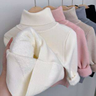 Girls' fleece-lined Sweater One-piece Velvet fleece-lined Thickened Children's High Collar Mink Velvet Children's Winter Baby Bottoming Knit Sweater