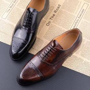Business Thick Heel Men's Cowhide New Style Handmade Formal Wedding Party Lace-Up Pointed Toe Dress Leather Shoes