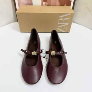 Za Burgundy Flat Ballet Shoes 2026 Spring/Summer New Women's Shoes Soft Leather Round-Toe Mary Jane Shoes